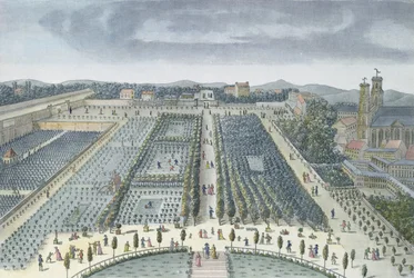 Vista general de los Jardines de Luxemburgo en París, 1810, grabado por J.B. Chapuis
